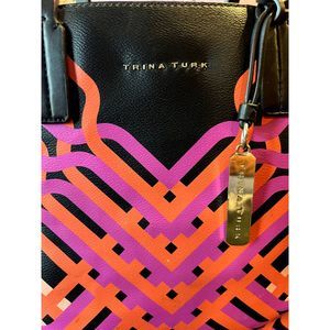 Trina Turk Geo Canyon Tote Black Pink Orange Shoulder Bag Pre-owned w/ Tag